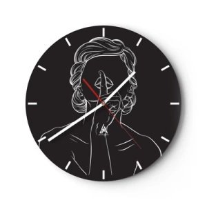 Ceas de perete - Ceas pe sticlă - Conturul alb al unei femei cu degetul la gură pe un fundal negru. - 30x30cm - Frumusețea înflorește în tăcere - Decorațiune modernă pentru perete pentru living, bucătărie și dormitor ARTTOR