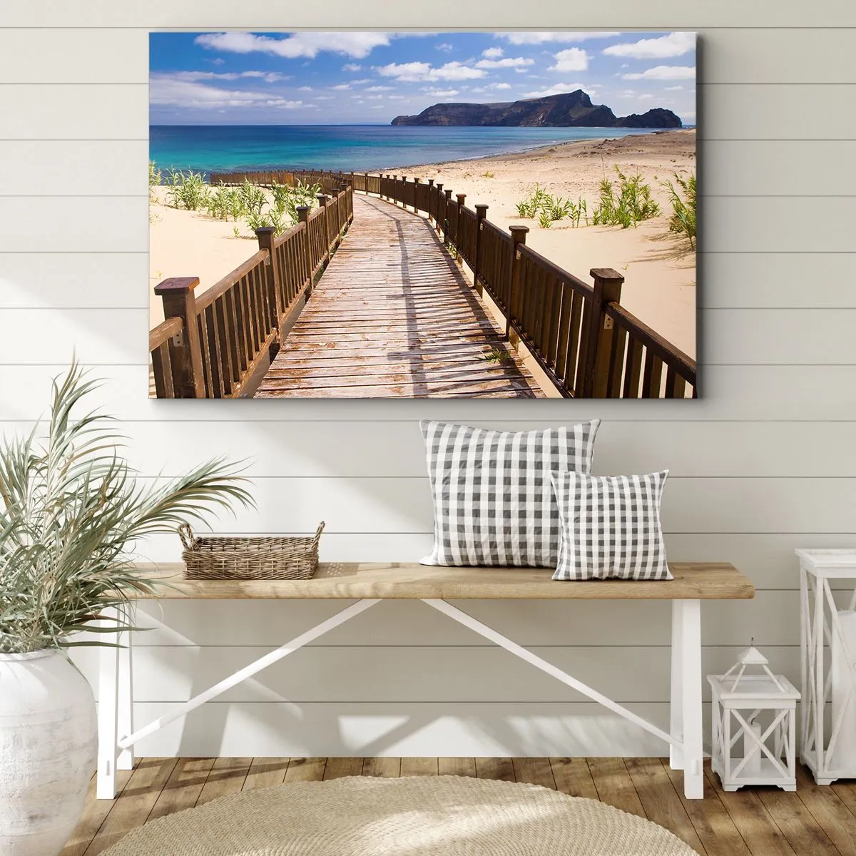 Tablou pe pânză Canvas - Cale de lemn care duce la plajă cu vedere la ocean - 70x50cm - Du-mă în insulele fericite - Decorațiune modernă pentru perete pentru living și dormitor ARTTOR
