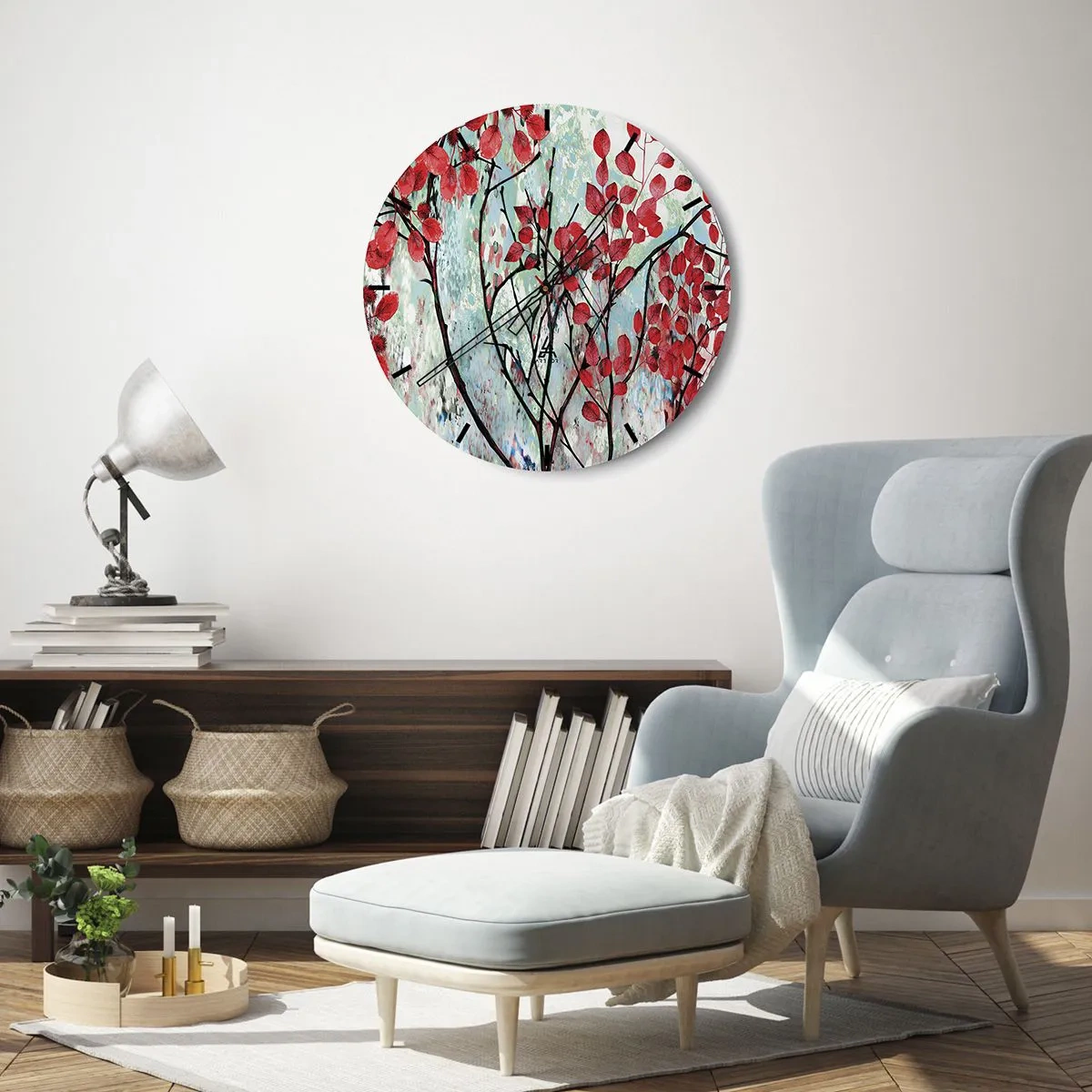 Ceas de perete - Ceas pe sticlă - Ramuri cu frunze roșii pe un fundal pictat - 30x30cm - Arbore în stacojiu - Decorațiune modernă pentru perete pentru living, bucătărie și dormitor ARTTOR