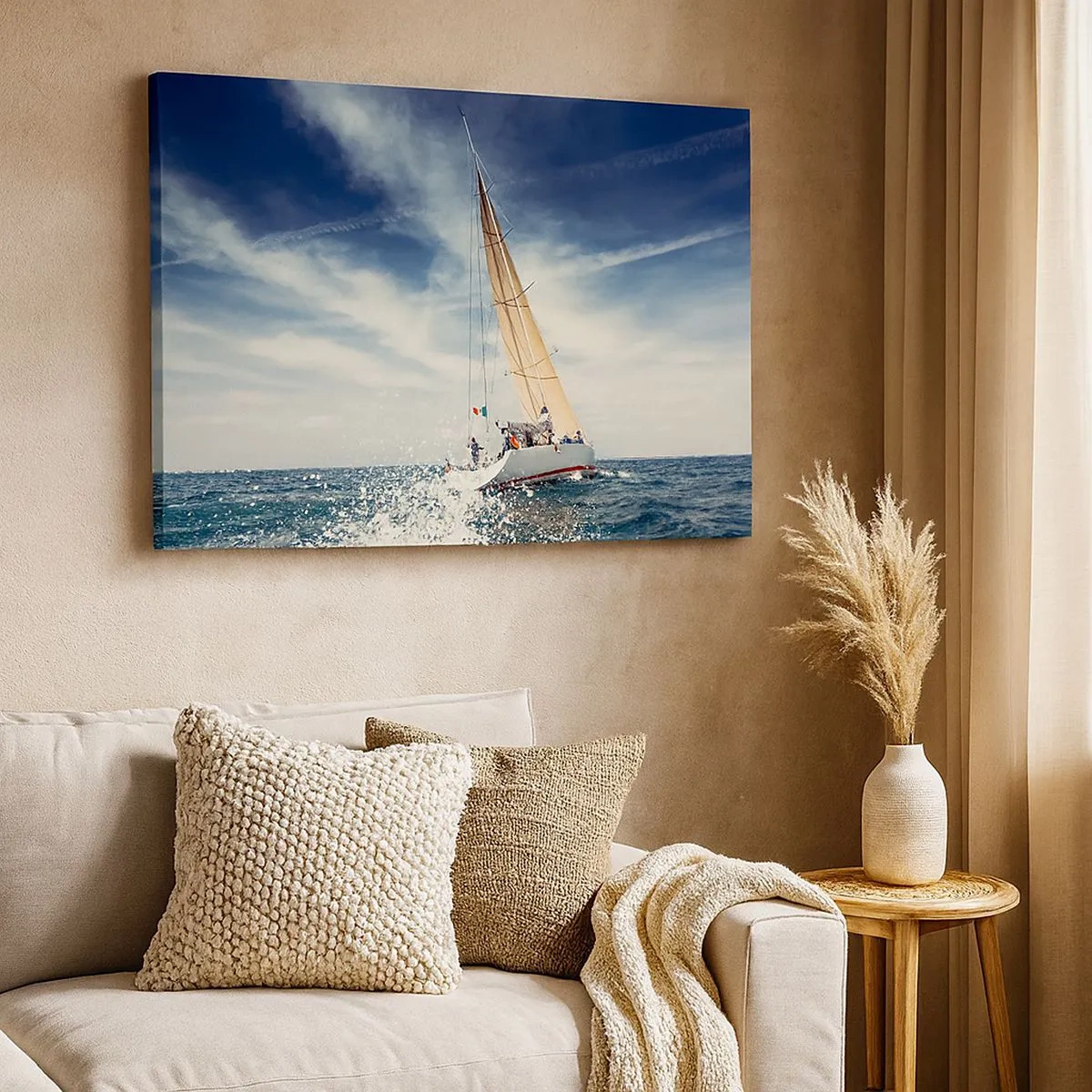 Tablou pe pânză Canvas - O barcă cu pânze pe o mare furtunoasă sub un cer albastru - 70x50cm - Nu ne vor prinde din urmă! - Decorațiune modernă pentru perete pentru living și dormitor ARTTOR