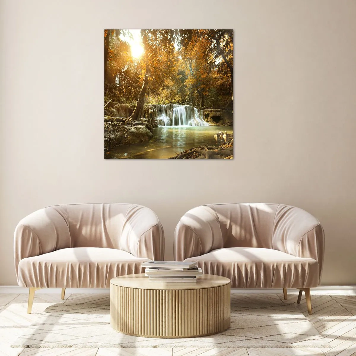 Tablou pe sticlă - Cascadă în parc - 30x30 cm