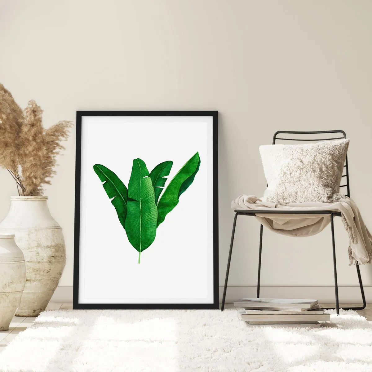 Poster în ramă neagră - Ilustrație în acuarelă a frunzelor de bananier aranjate simetric pe fundal alb. - 50x70cm - Simetrie verde - Decorațiune modernă pentru perete pentru living și dormitor ARTTOR