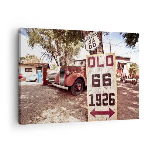 Tablou pe pânză Canvas - Mașină retro și indicator Route 66 într-un cadru rustic - 70x50cm - O legendă provincială americană - Decorațiune modernă pentru perete pentru living și dormitor ARTTOR