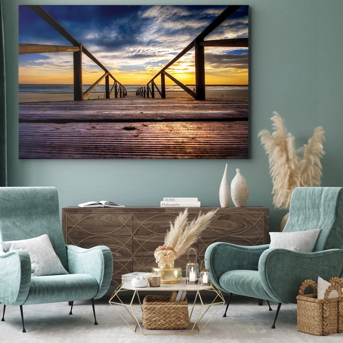 Tablou pe pânză Canvas - Debarcader din lemn care duce la plajă la apus - 70x50cm - Direct la o plajă liniștită la apus de soare - Decorațiune modernă pentru perete pentru living și dormitor ARTTOR