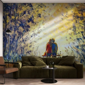 Tapet Standard Eco - Scenă romantică cu un cuplu pe o bancă în lumina soarelui care apune - 100x70cm - Un moment magic - Decorațiune modernă pentru perete pentru living și dormitor ARTTOR