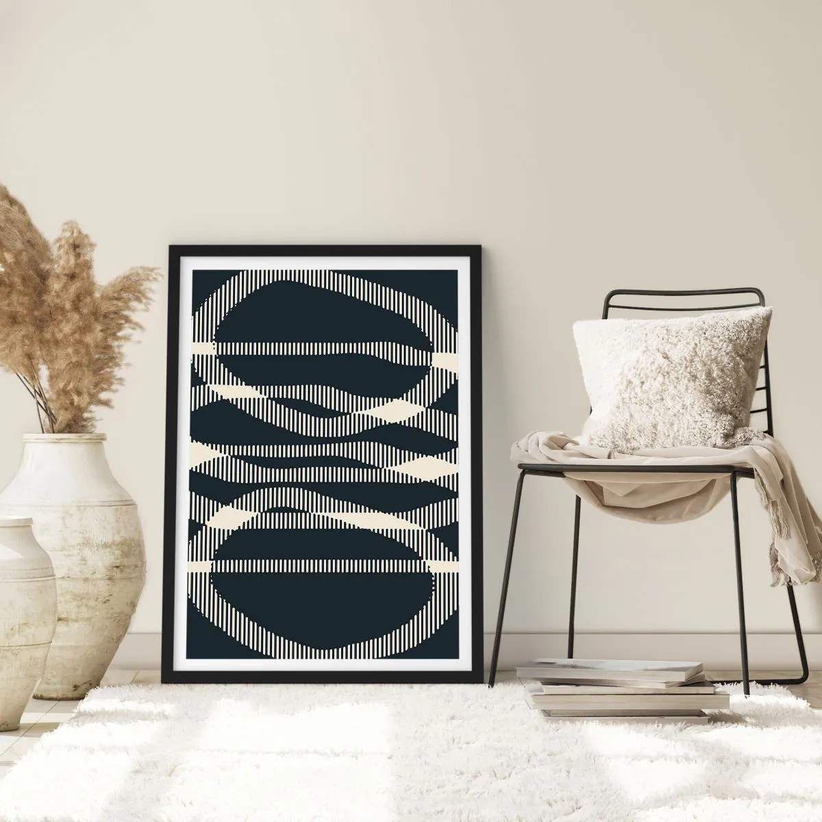 Poster în ramă neagră - Motiv geometric abstract în nuanțe de alb și negru - 50x70cm - Încercare de străpungere a întunericului - Decorațiune modernă pentru perete pentru living și dormitor ARTTOR
