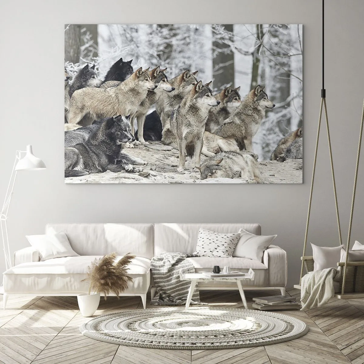 Tablou pe sticlă - O haită de lupi în pădurea de iarnă - 70x50cm - Familie și prieteni - Decorațiune modernă pentru perete pentru living și dormitor ARTTOR