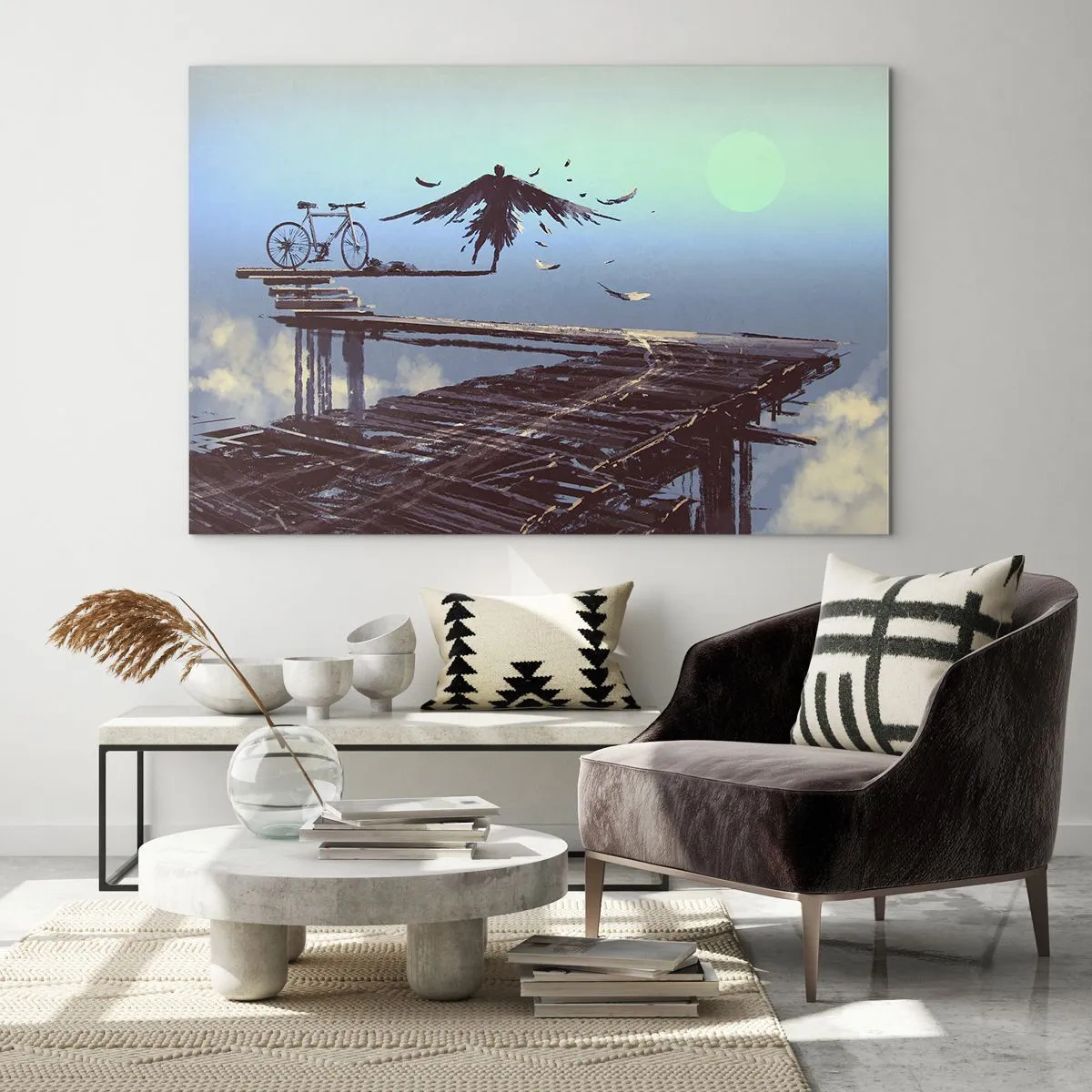 Tablou pe sticlă - O figură cu o bicicletă pe un pod de lemn deasupra norilor - 70x50cm - Icarus veșnic viu - Decorațiune modernă pentru perete pentru living și dormitor ARTTOR
