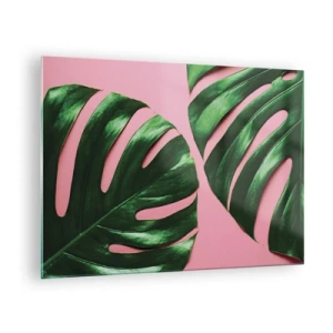 Tablou pe sticlă - Frunze verzi de monstera pe fundal roz - 70x50cm - Întâlnire verde - Decorațiune modernă pentru perete pentru living și dormitor ARTTOR