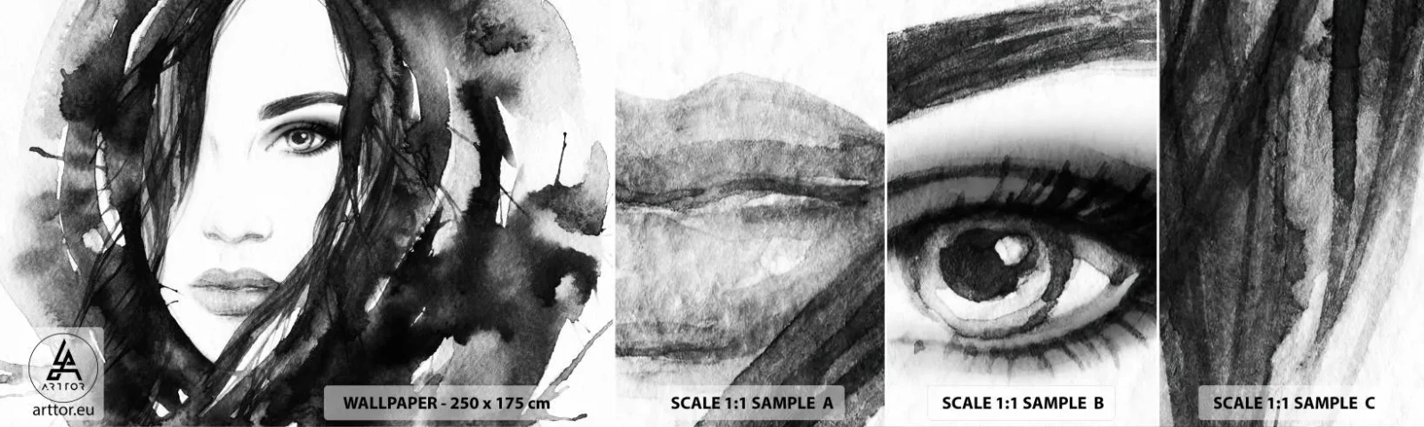 Mostră de Tapet Standard Eco - Studiu unei dame în alb și negru - Abstracția, Chipul de femeie, Portret - 100x30 cm