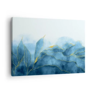 Tablou pe pânză Canvas - Valuri abstracte în nuanțe de albastru cu accente aurii - 70x50cm - Albastru în aur - Decorațiune modernă pentru perete pentru living și dormitor ARTTOR