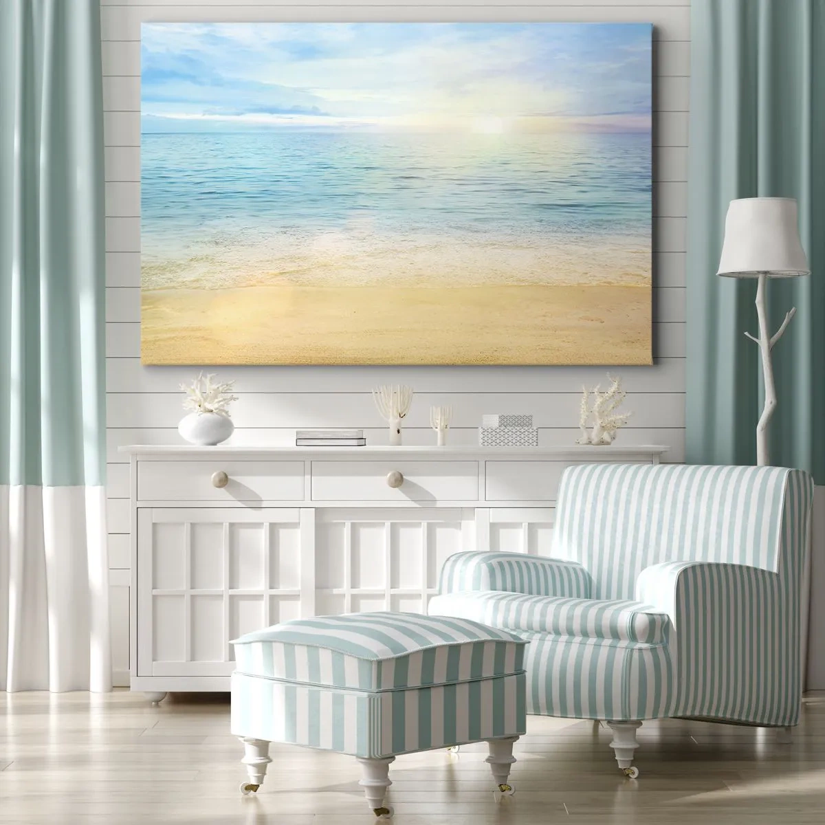 Tablou pe pânză Canvas - O plajă cu mare turcoaz și cer senin - 70x50cm - Marele albastru - Decorațiune modernă pentru perete pentru living și dormitor ARTTOR