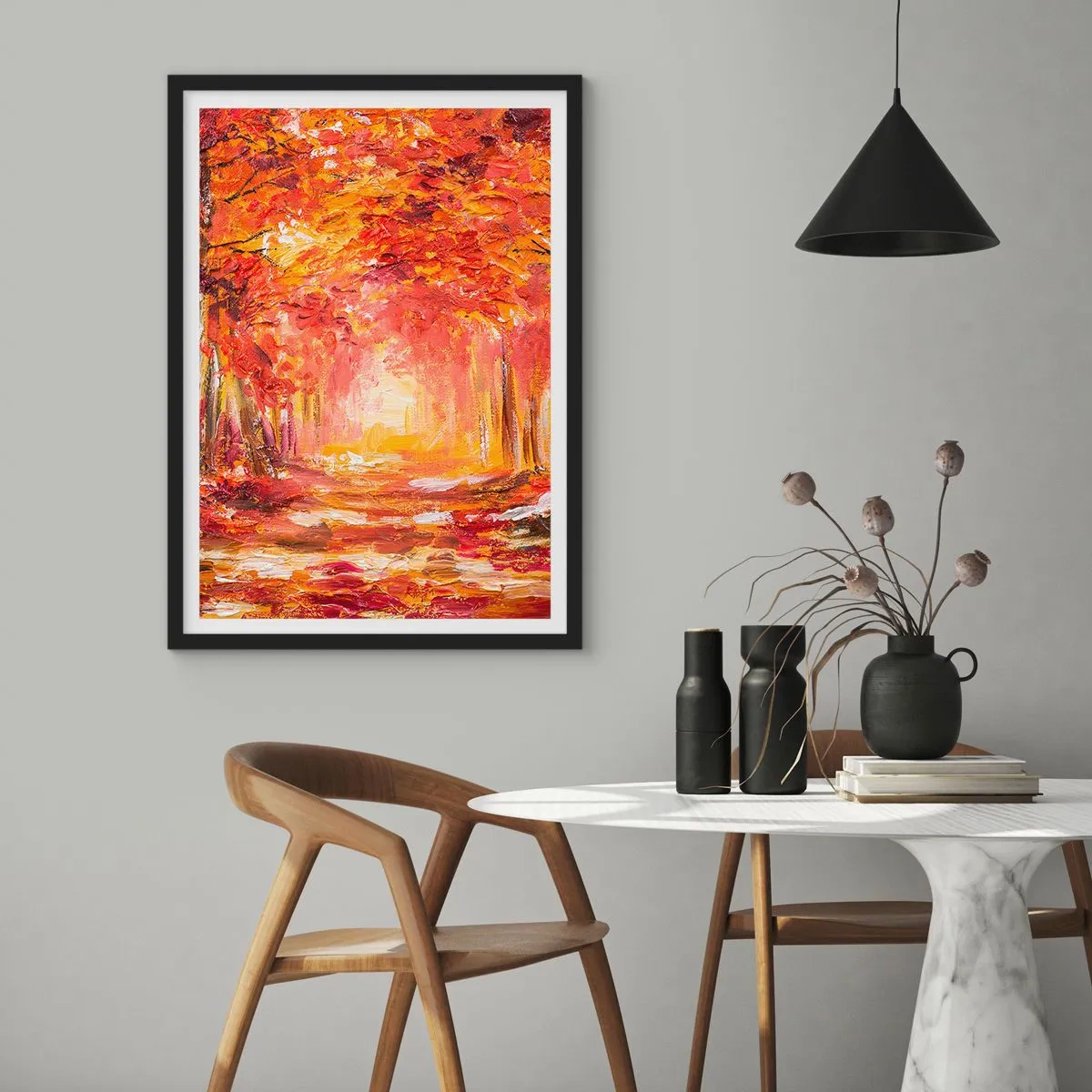 Poster în ramă neagră - O alee pitorească în culorile toamnei - 50x70cm - Pădurea de cupru - Decorațiune modernă pentru perete pentru living și dormitor ARTTOR