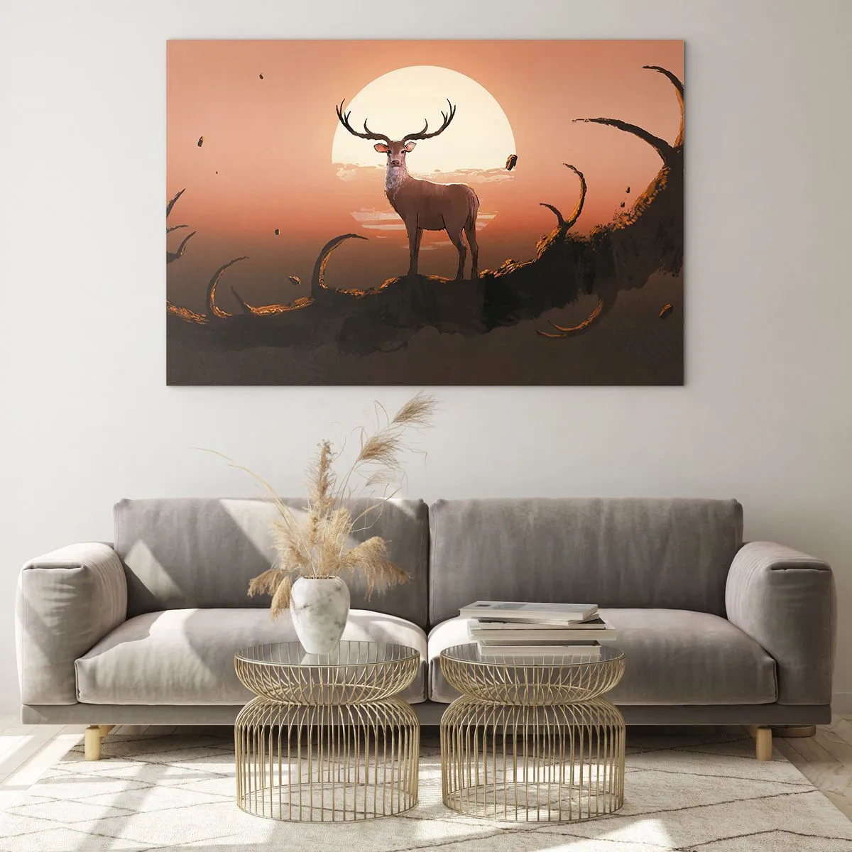 Tablou pe sticlă - Silueta unui cerb pe fundalul unei luni mari înconjurate de crengi - 70x50cm - Această noapte este diferită de oricare alta - Decorațiune modernă pentru perete pentru living și dormitor ARTTOR