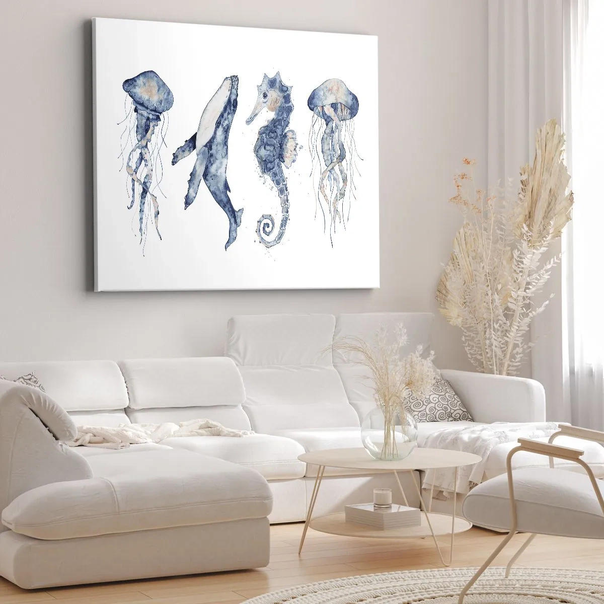 Tablou pe pânză Canvas - Meduze, balene și căluți de mare în stil acuarelă - 70x50cm - Fauna marină sălbatică - Decorațiune modernă pentru perete pentru living și dormitor ARTTOR