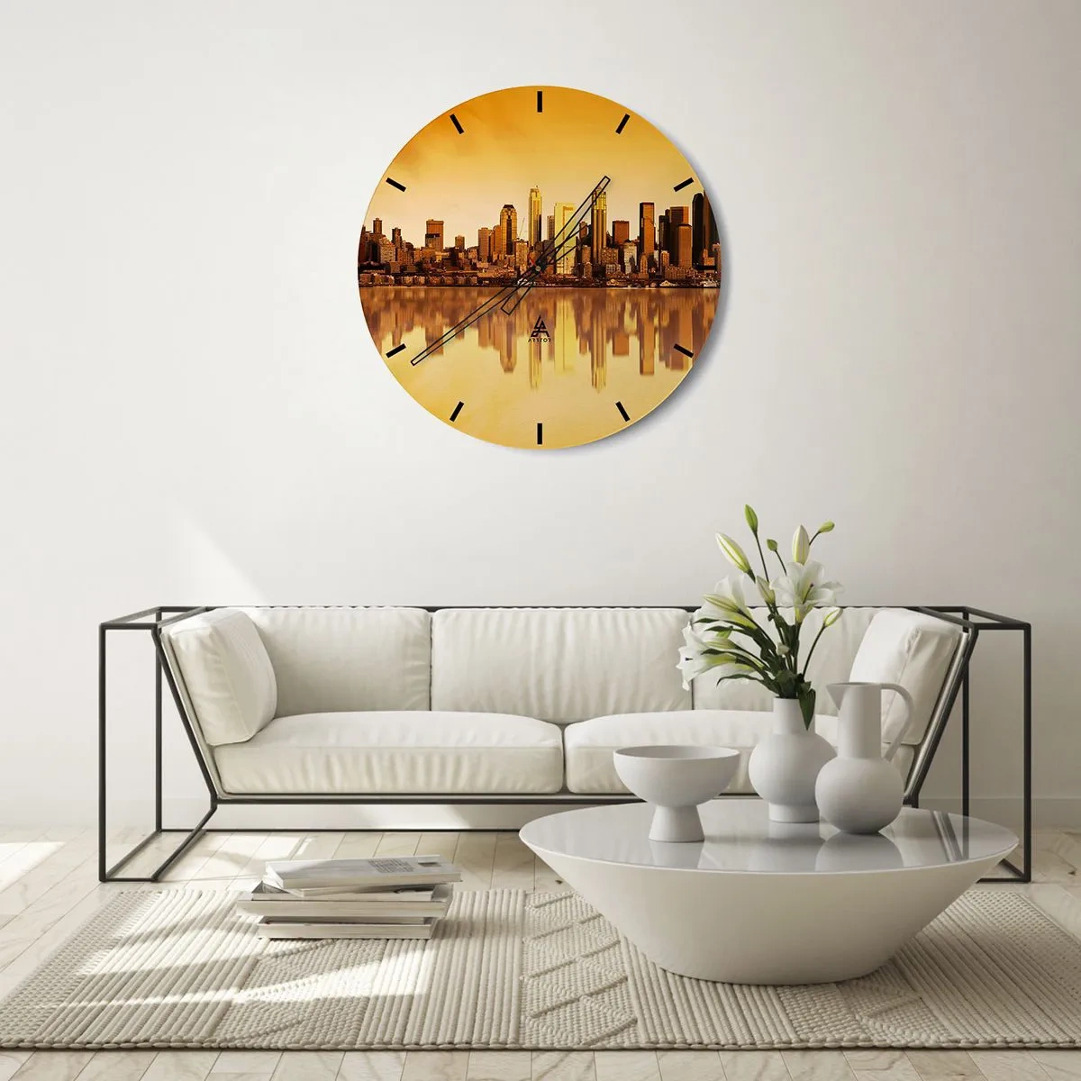 Ceas de perete - Ceas pe sticlă - Panorama orașului reflectată în apă la apus - 30x30cm - Liniștea metropolei - Decorațiune modernă pentru perete pentru living, bucătărie și dormitor ARTTOR