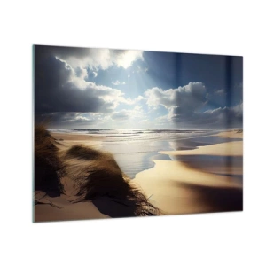 Tablou pe sticlă - O plajă sălbatică iluminată de razele soarelui de sub nori - 70x50cm - Plajă sălbatică - Decorațiune modernă pentru perete pentru living și dormitor ARTTOR