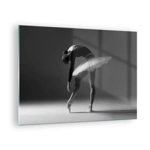 Tablou pe sticlă - Siluetă alb-negru a unei balerine într-o poză grațioasă - 70x50cm - Bella balerina - Decorațiune modernă pentru perete pentru living și dormitor ARTTOR