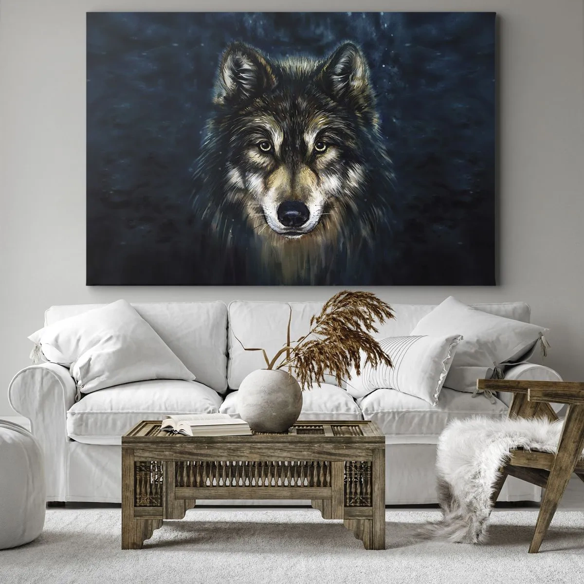 Tablou pe pânză Canvas - Portretul unui lup pe un fundal albastru închis - 70x50cm - Alfa? Și omega - Decorațiune modernă pentru perete pentru living și dormitor ARTTOR