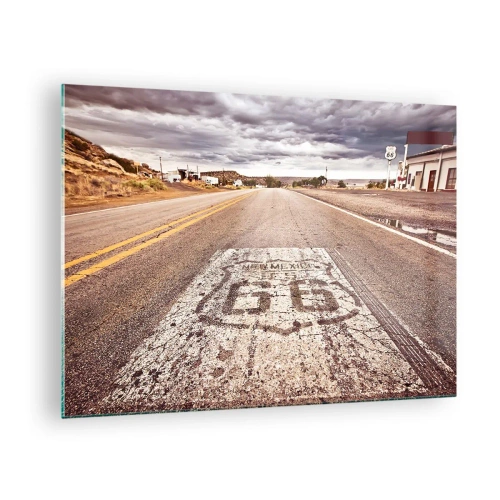 Tablou pe sticlă - Ruta 66 cu vedere la orizont - 70x50cm - Mother Road - o legendă americană - Decorațiune modernă pentru perete pentru living și dormitor ARTTOR
