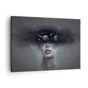 Tablou pe pânză Canvas - Fața unei femei cu un motiv planetar și spațial în fundal - 70x50cm - Și planetele o iau razna... - Decorațiune modernă pentru perete pentru living și dormitor ARTTOR