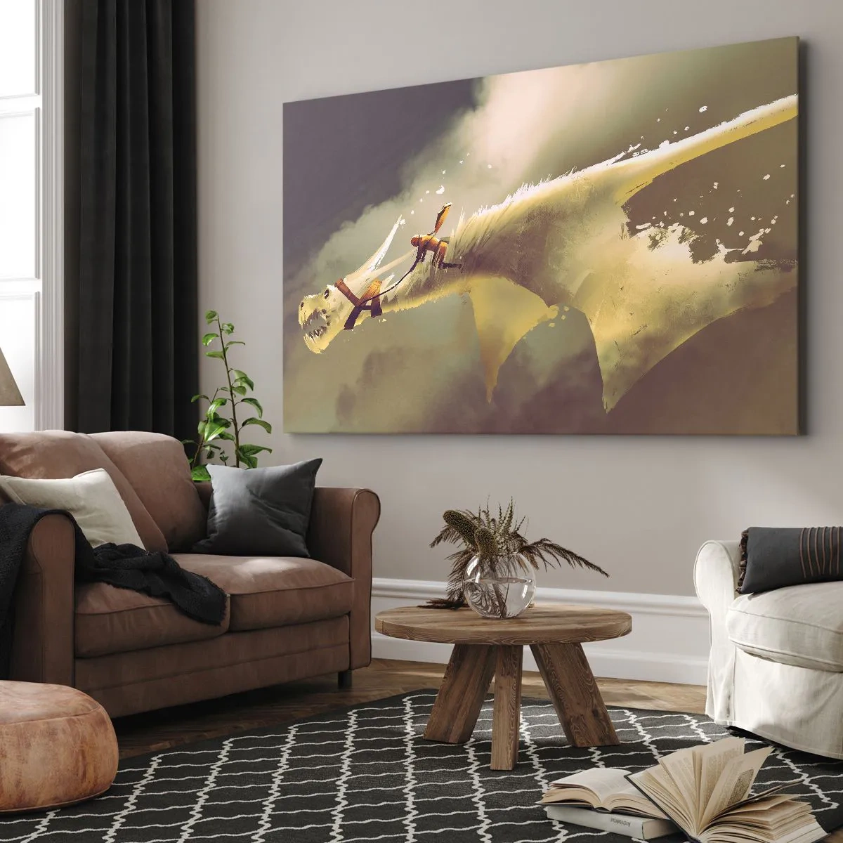 Tablou pe pânză Canvas - Ilustrație a unui călăreț de dragon într-un peisaj fantezist cu nori - 70x50cm - Salvăm lumea - Decorațiune modernă pentru perete pentru living și dormitor ARTTOR