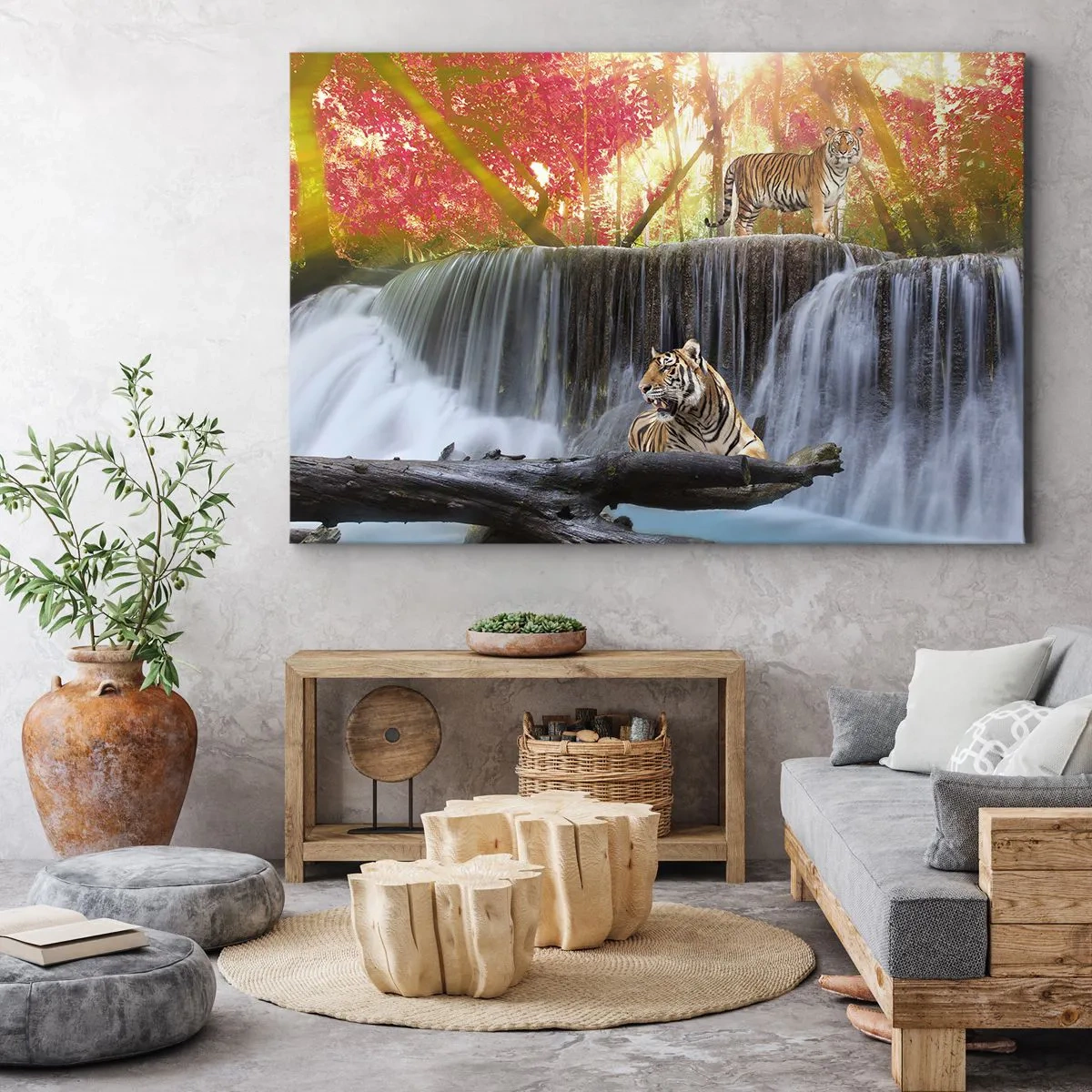 Tablou pe pânză Canvas - Tigri la o cascadă în pădurea de toamnă - 70x50cm - Peisaj suprarealist    - Decorațiune modernă pentru perete pentru living și dormitor ARTTOR