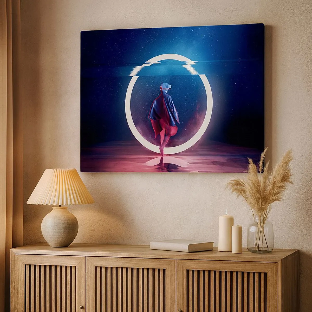 Tablou pe pânză Canvas - Un personaj într-un mediu futurist cu un cerc neon - 70x50cm - Între lumi - Decorațiune modernă pentru perete pentru living și dormitor ARTTOR