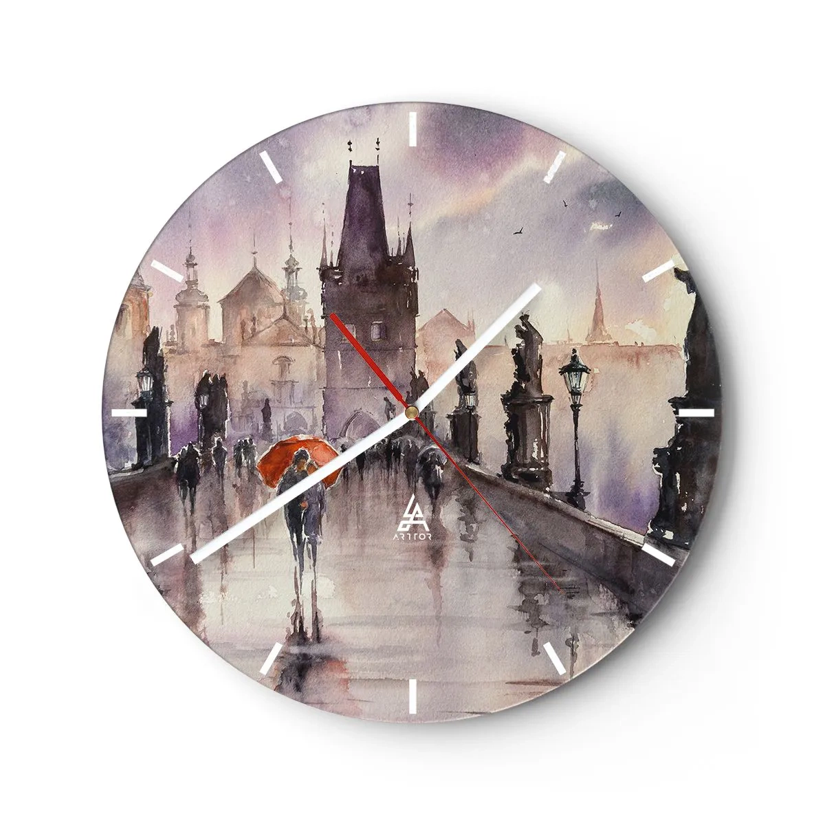 Ceas de perete - Ceas pe sticlă - Scenă romantică pe un pod în ploaie cu o umbrelă portocalie - 30x30cm - Oamenii nu se schimbă - Decorațiune modernă pentru perete pentru living, bucătărie și dormitor ARTTOR