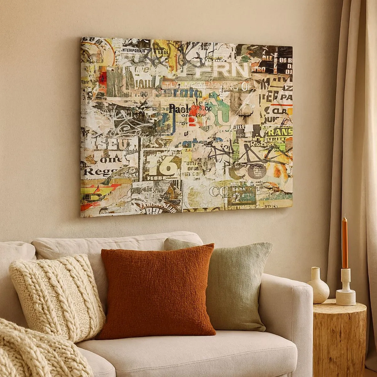 Tablou pe pânză Canvas - Un colaj de fragmente de ziare și postere într-un stil artistic. - 70x50cm - Oh, se întâmplă... - Decorațiune modernă pentru perete pentru living și dormitor ARTTOR
