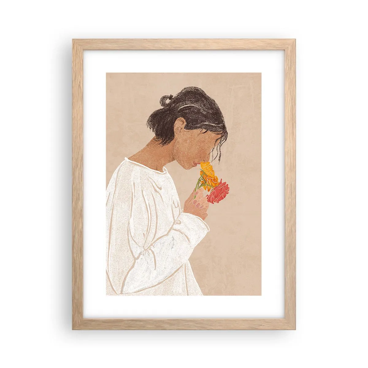 Poster în ramă de stejar deschis - Fată și floare - 30x40 cm