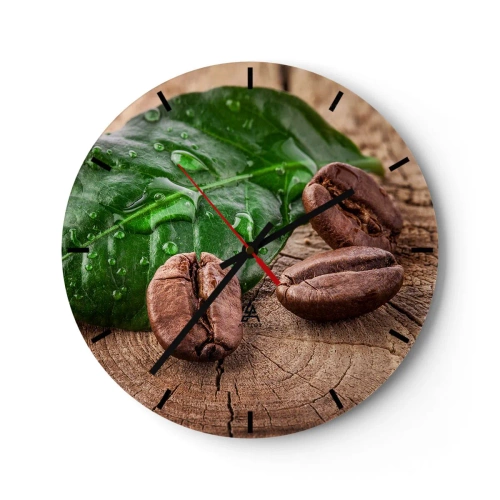 Ceas de perete - Ceas pe sticlă - Boabe de cafea și frunză verde pe fundal de lemn - 30x30cm - Cea mai adevărată și închisă la culoare - Decorațiune modernă pentru perete pentru living, bucătărie și dormitor ARTTOR