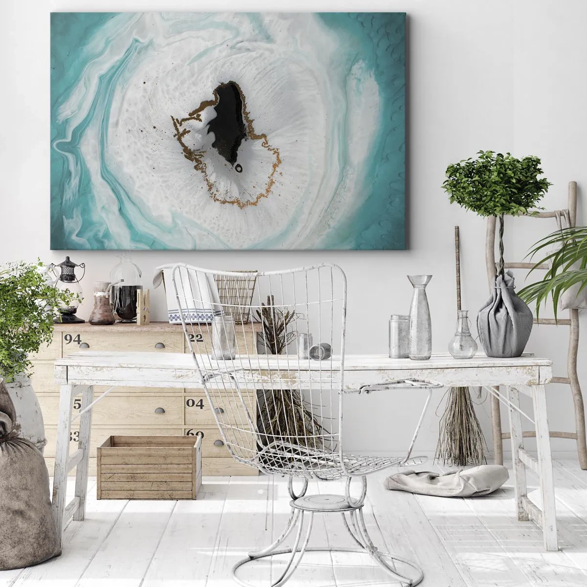 Tablou pe pânză Canvas - Motiv abstract de geodă în nuanțe de turcoaz, alb și auriu - 70x50cm - Pătrunde înăuntru - Decorațiune modernă pentru perete pentru living și dormitor ARTTOR
