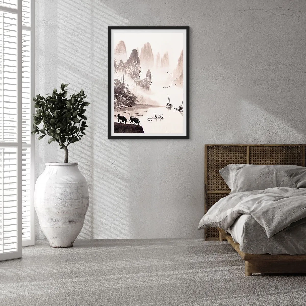 Poster în ramă neagră - Peisaj chinezesc în stil tradițional - 50x70cm - Viața exotică de zi cu zi a Estului - Decorațiune modernă pentru perete pentru living și dormitor ARTTOR