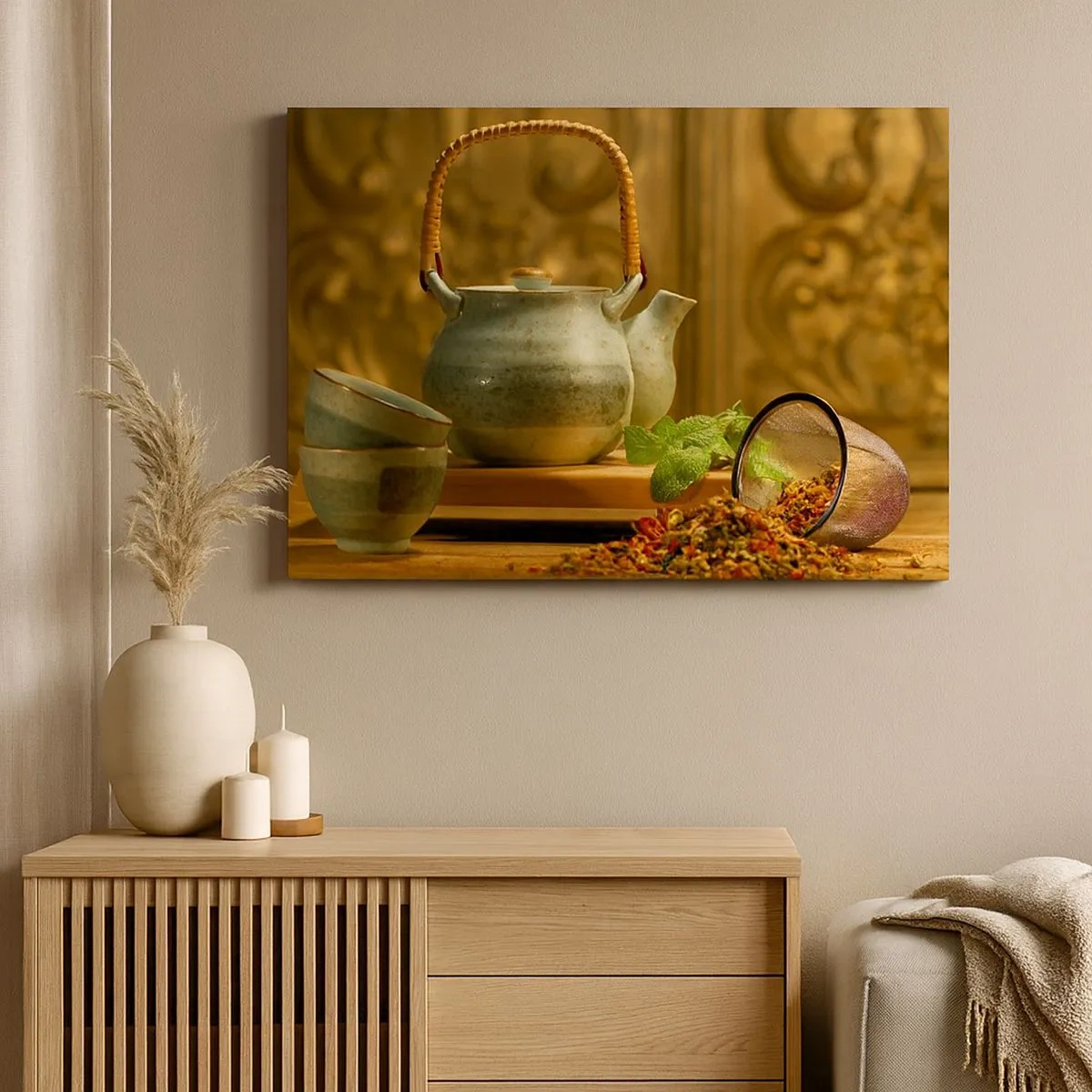 Tablou pe pânză Canvas - Cană ceramică cu cești și ceai uscat - 70x50cm - Un tratat despre consumul de ceai - Decorațiune modernă pentru perete pentru living și dormitor ARTTOR