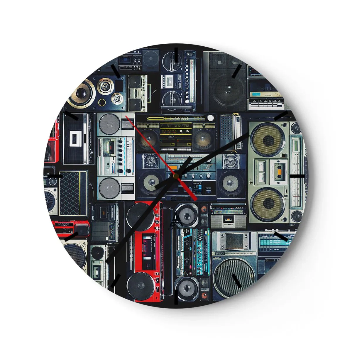 Ceas de perete - Ceas pe sticlă - Radiouri și magnetofoane colorate în stil retro - 30x30cm - Nostalgie pentru anii `80. - Decorațiune modernă pentru perete pentru living, bucătărie și dormitor ARTTOR