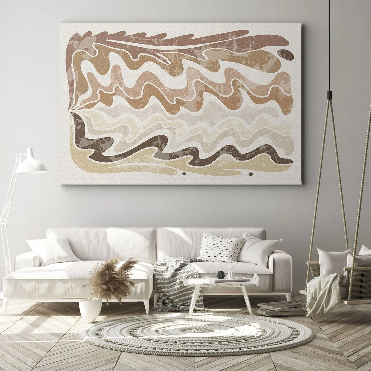 Tablou pe pânză Canvas - Linii abstracte ondulate în nuanțe de bej - 70x50cm - Energie bună - emoții bune - Decorațiune modernă pentru perete pentru living și dormitor ARTTOR