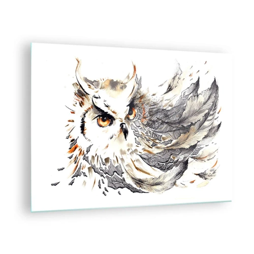 Tablou pe sticlă - O bufniță cu pene artistice în nuanțe de portocaliu și gri. - 70x50cm - Ea a venit din lumea magiei - Decorațiune modernă pentru perete pentru living și dormitor ARTTOR