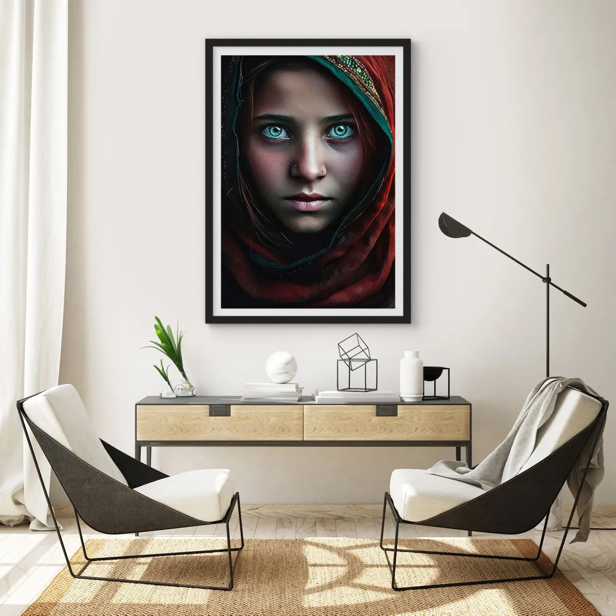 Poster în ramă neagră - Portretul unei fete într-un șal roșu cu ochi hipnotizanți - 50x70cm - Prințesa orientală - Decorațiune modernă pentru perete pentru living și dormitor ARTTOR