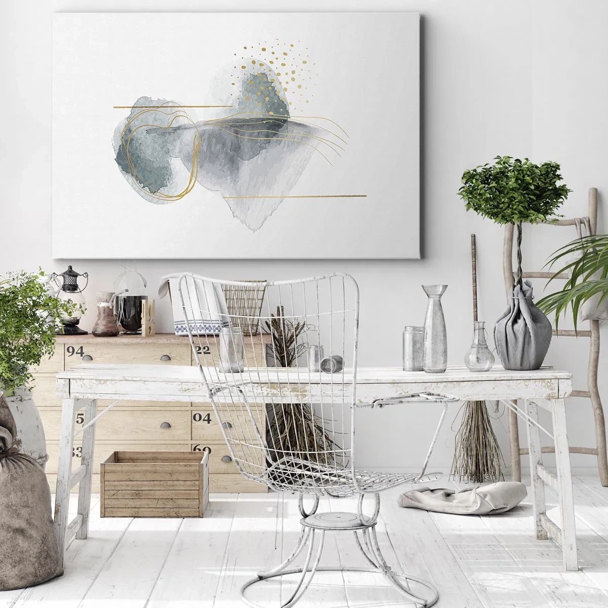 Tablou pe pânză Canvas - O compoziție abstractă în nuanțe de turcoaz și auriu. - 70x50cm - Despre relația dintre gri și auriu - Decorațiune modernă pentru perete pentru living și dormitor ARTTOR