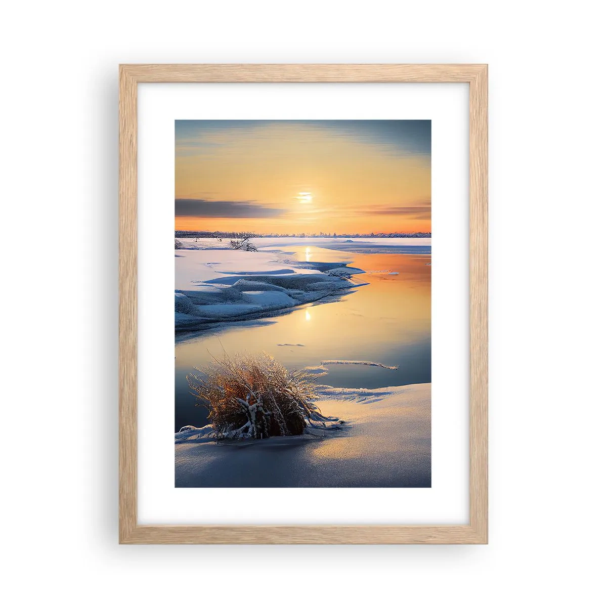 Poster în ramă de stejar deschis - Apus de soare pe timp de iarnă - 30x40 cm