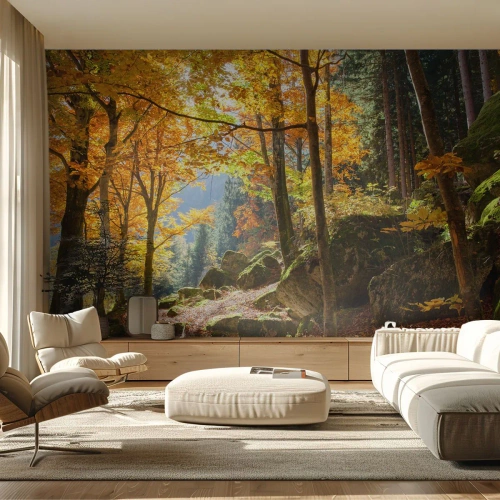 Tapet Standard Eco - Pădure de toamnă cu o potecă stâncoasă și raze de soare - 100x70cm - Timp de relaxare - Decorațiune modernă pentru perete pentru living și dormitor ARTTOR