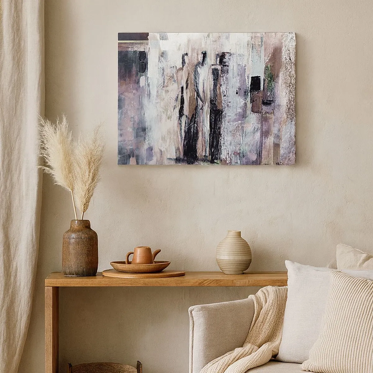 Tablou pe pânză Canvas - O compoziție abstractă cu trei figuri în culori pastelate. - 70x50cm - Cei trei misterioși - Decorațiune modernă pentru perete pentru living și dormitor ARTTOR