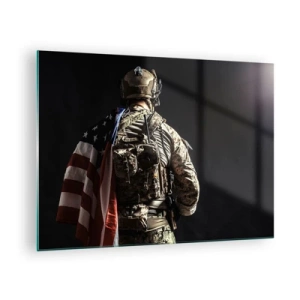 Tablou pe sticlă - Un soldat cu un steag american pe un fundal întunecat - 70x50cm - D-aia - Decorațiune modernă pentru perete pentru living și dormitor ARTTOR