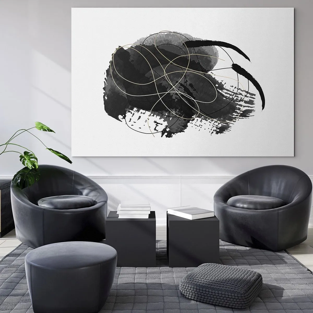 Tablou pe sticlă - O compoziție abstractă de negru cu accente aurii - 70x50cm - Provenit din negru - Decorațiune modernă pentru perete pentru living și dormitor ARTTOR