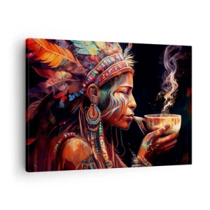 Tablou pe pânză Canvas - O figură colorată în stil etnic cu o cană de băutură aburindă - 70x50cm - Ritual magic - Decorațiune modernă pentru perete pentru living și dormitor ARTTOR