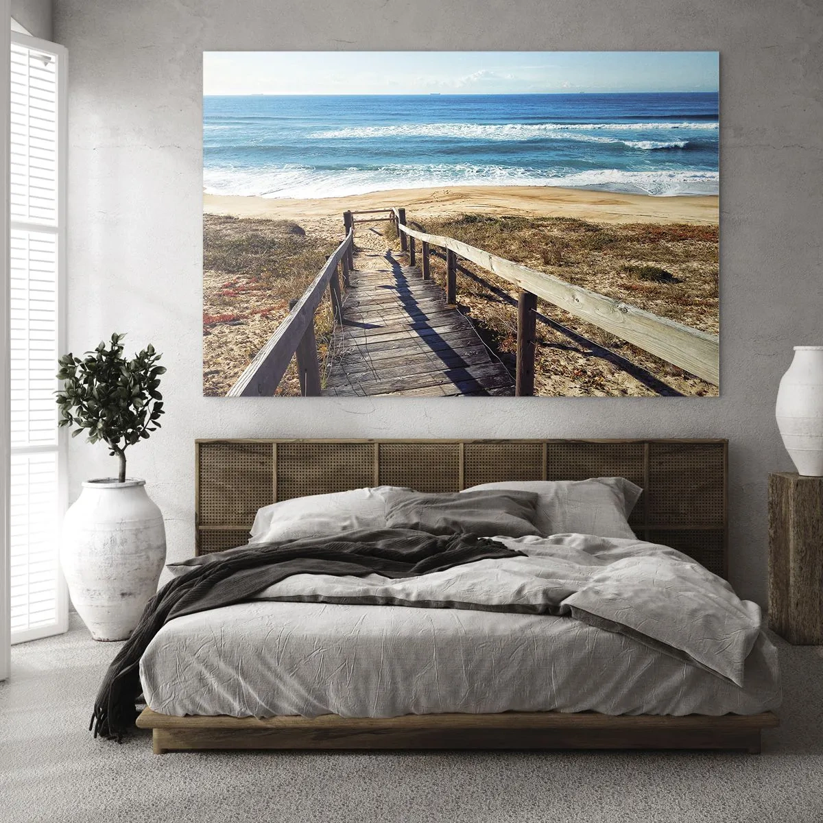 Tablou pe sticlă - Cale de lemn care duce la plajă cu vedere la ocean - 70x50cm - Aleargă! - Decorațiune modernă pentru perete pentru living și dormitor ARTTOR