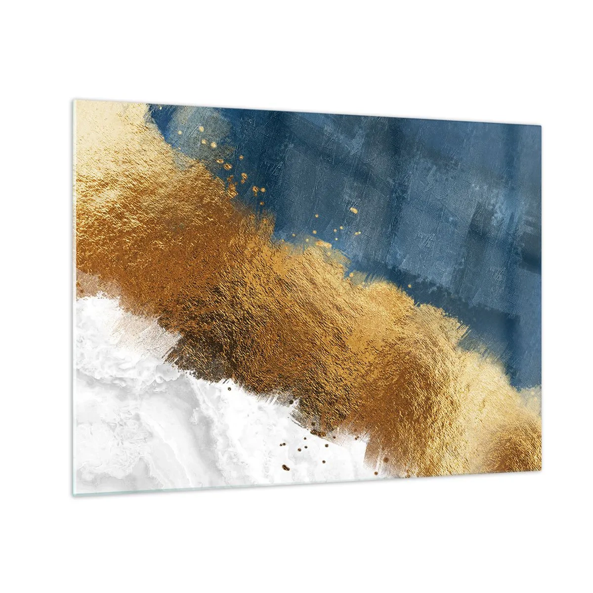 Tablou pe sticlă - Tușe de vopsea aurie pe un fundal albastru marin și alb - 70x50cm - Culorile verii - Decorațiune modernă pentru perete pentru living și dormitor ARTTOR