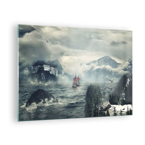 Tablou pe sticlă - O navă pe o mare furtunoasă cu un castel în fundal - 70x50cm - Pe ape magice - Decorațiune modernă pentru perete pentru living și dormitor ARTTOR