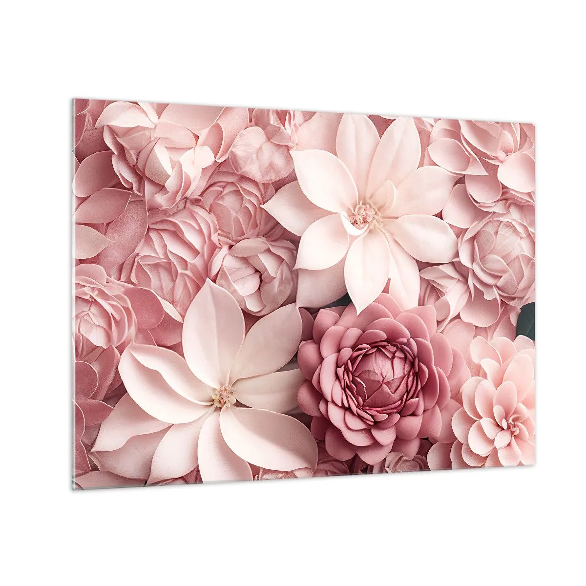 Tablou pe sticlă - Flori roz delicate într-o compoziție plină de petale - 70x50cm - În petale roz - Decorațiune modernă pentru perete pentru living și dormitor ARTTOR